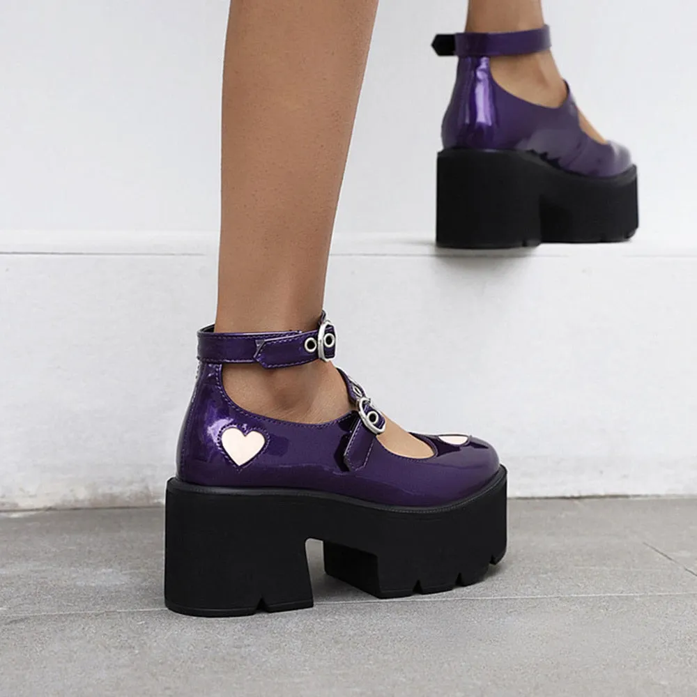 Womens Cute Heart Platform Buckle Mary Janes Shoes