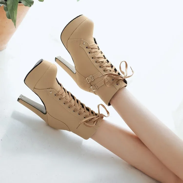 Women's Frosted Pu Leather Tied Belts Buckles Chunky Heel Platform Short Boots