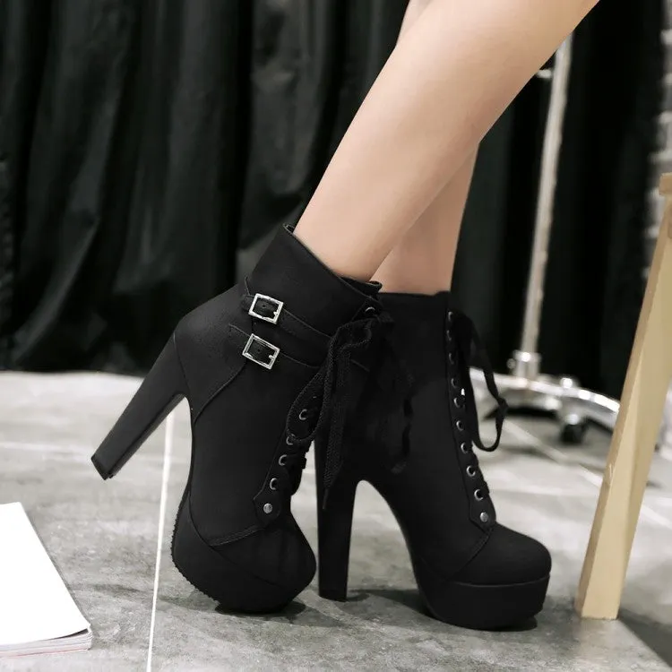 Women's Frosted Pu Leather Tied Belts Buckles Chunky Heel Platform Short Boots