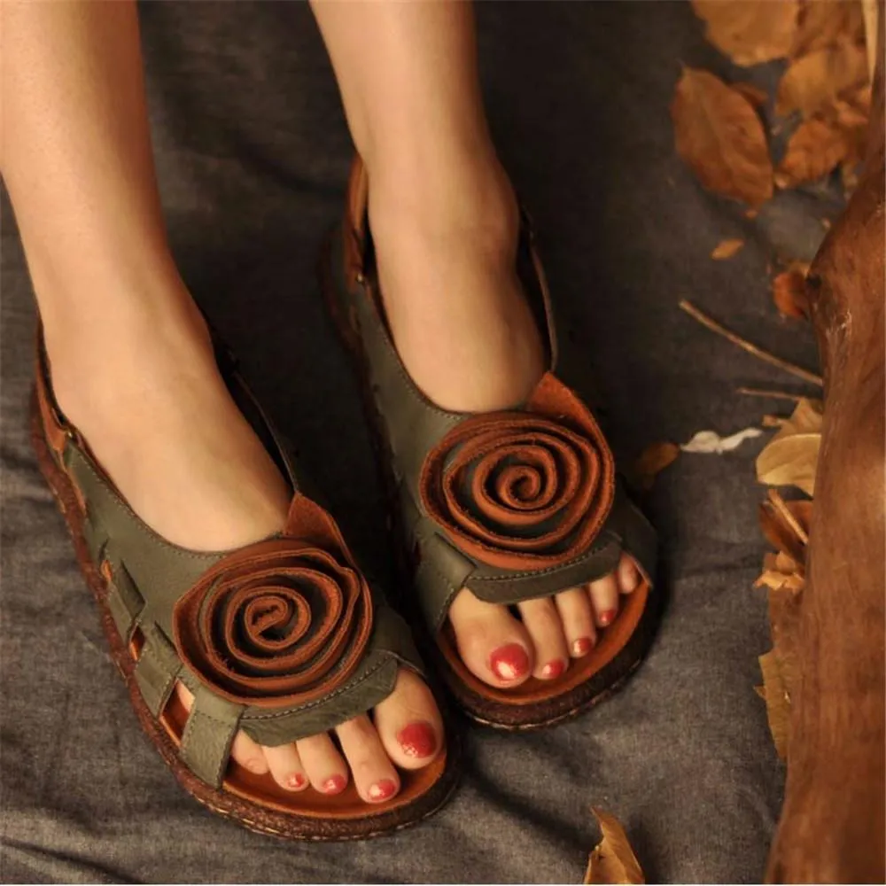 Women's Leather Hollow Sandals Flat with Handmade Flower