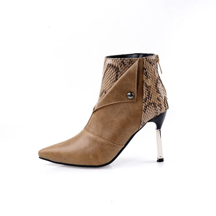 Women's Snake Pinted Patchwork Rivets Stiletto Heel Short Boots