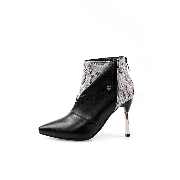 Women's Snake Pinted Patchwork Rivets Stiletto Heel Short Boots