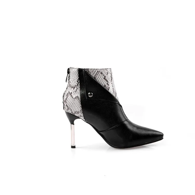 Women's Snake Pinted Patchwork Rivets Stiletto Heel Short Boots