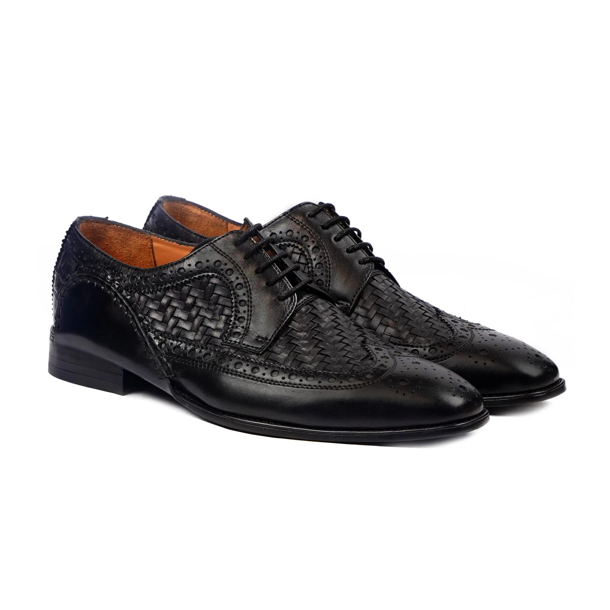 Yasnole - Men's Black Calf and Hand Woven Calf Leather Derby Shoe