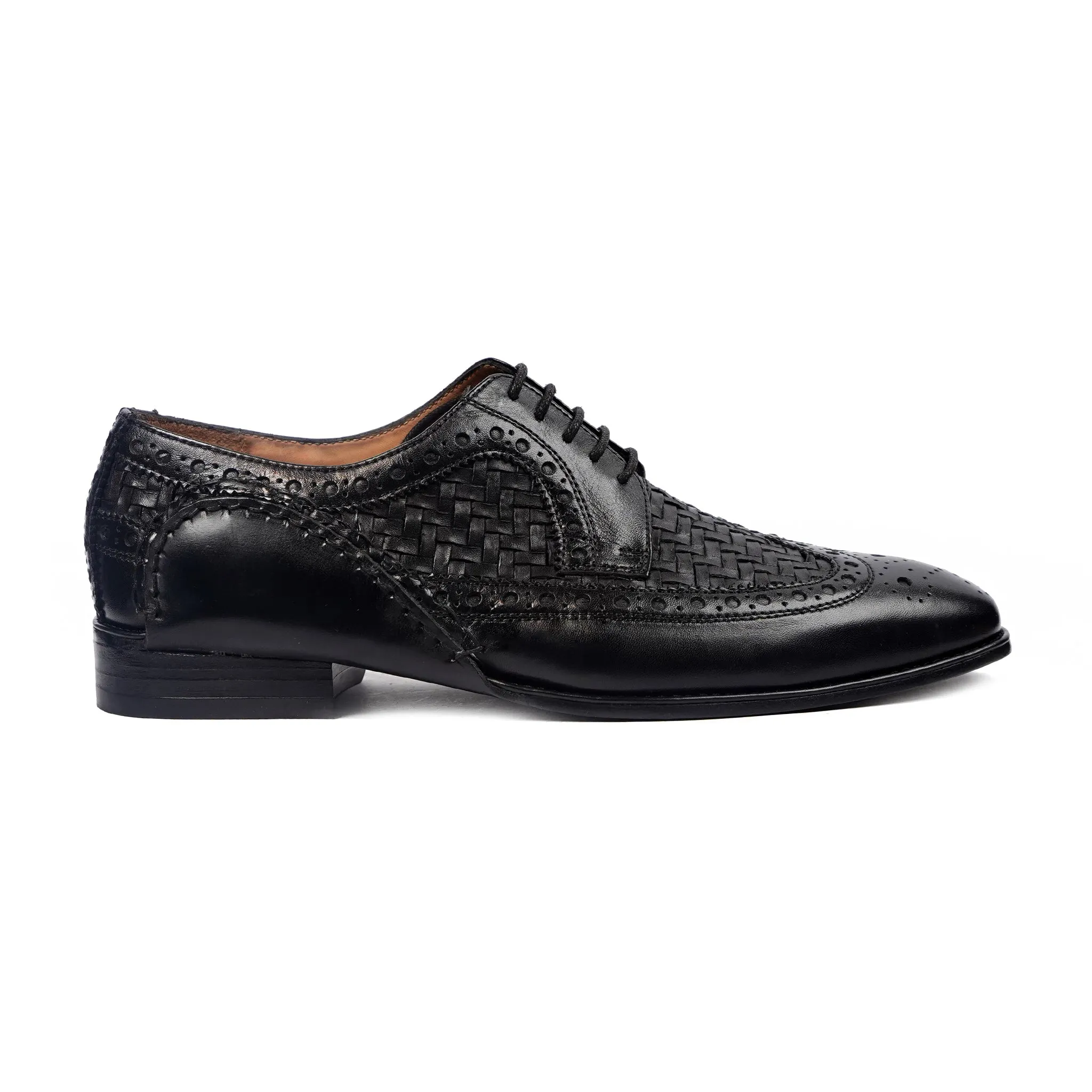 Yasnole - Men's Black Calf and Hand Woven Calf Leather Derby Shoe