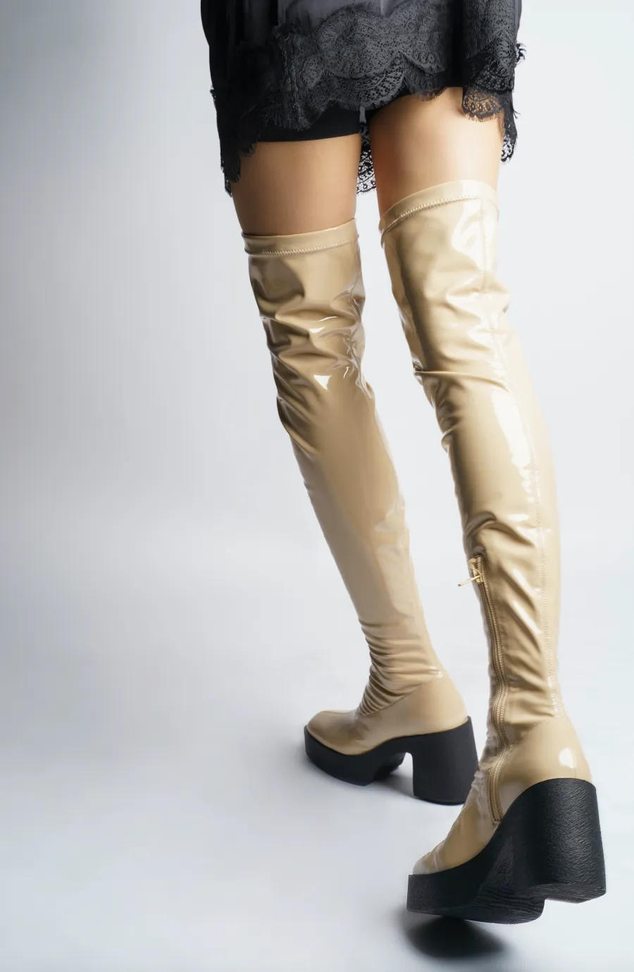 Yoshi Beige Thigh-High Stretch Patent Boots