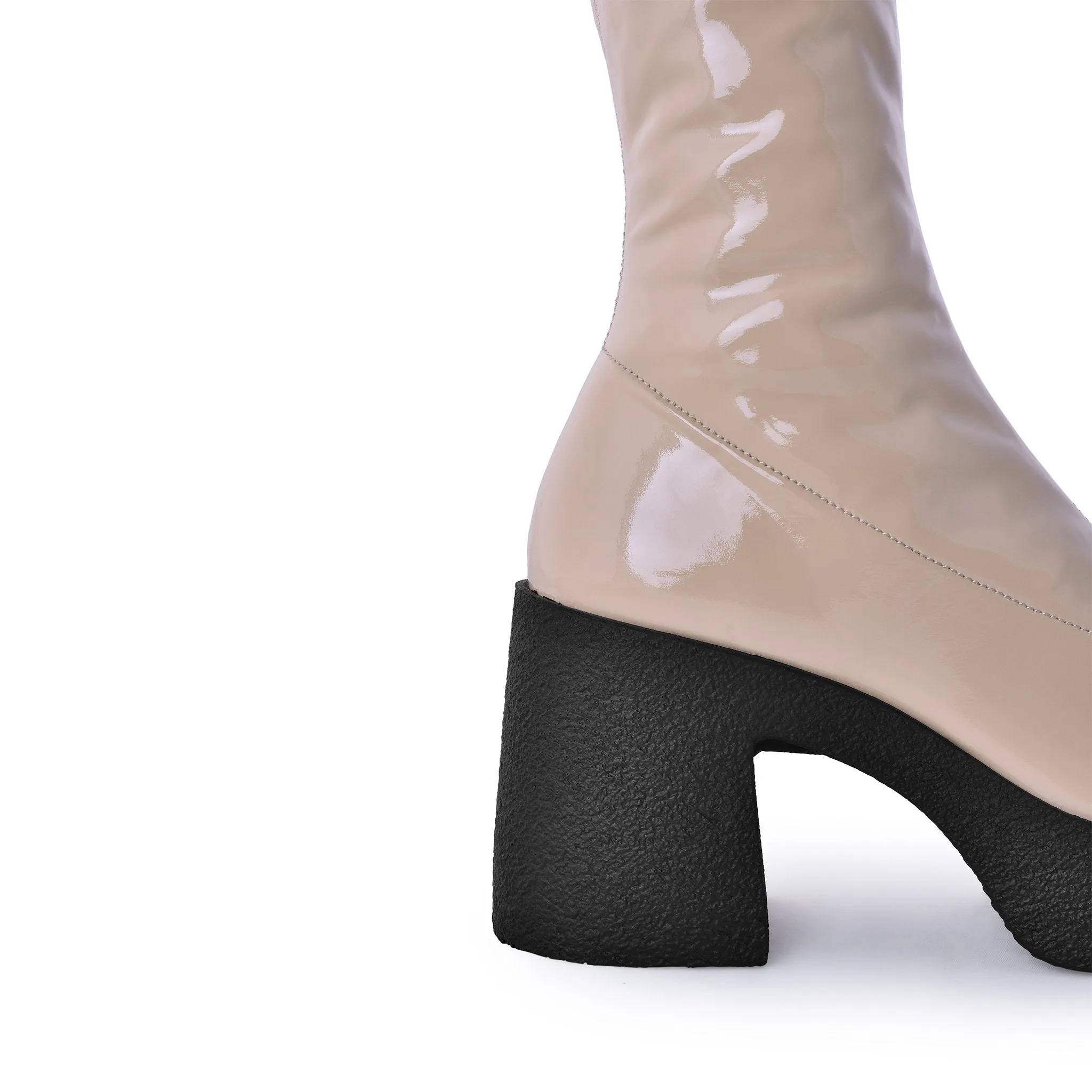 Yoshi Beige Thigh-High Stretch Patent Boots