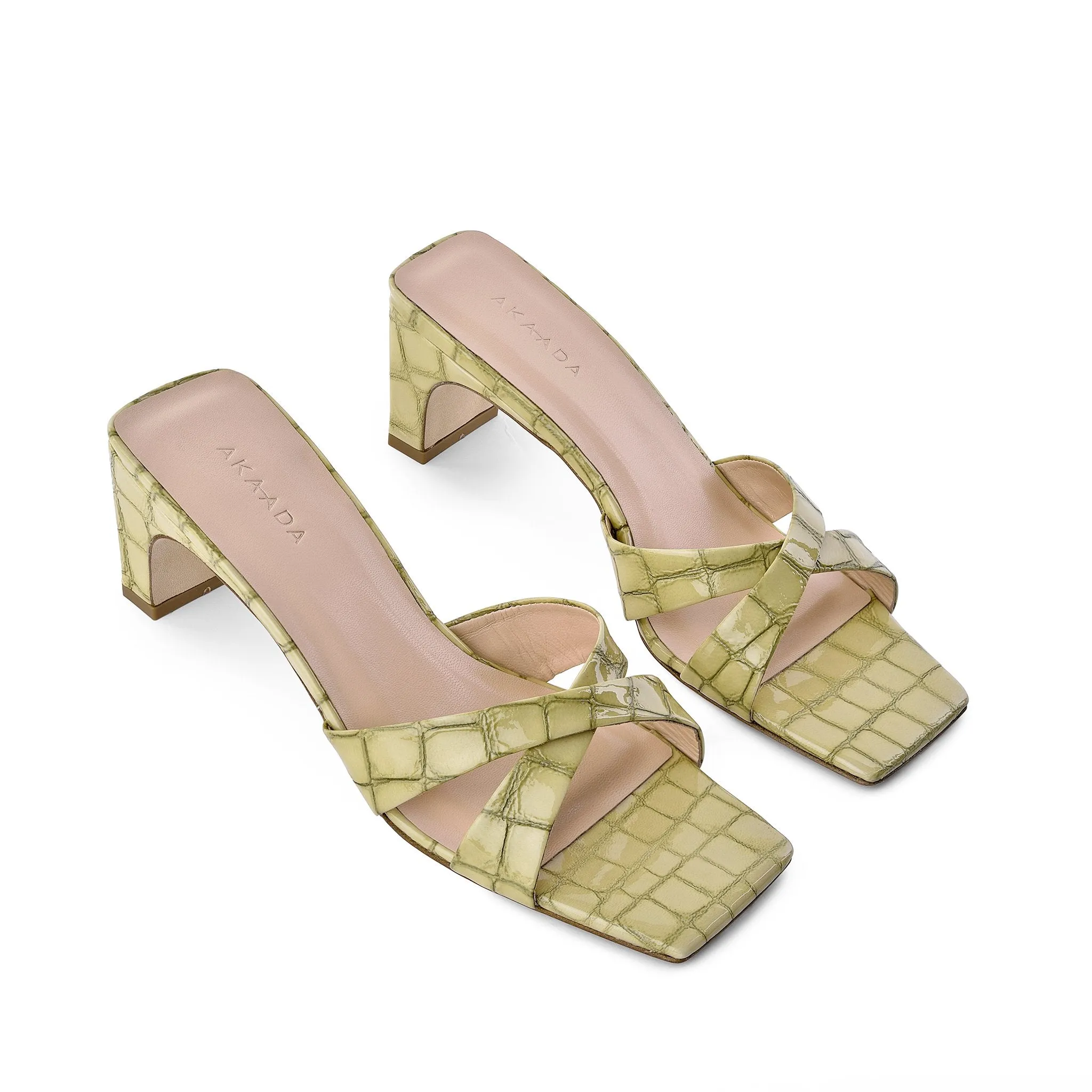 Yumi Pistachio Croco Embossed Leather Sandals