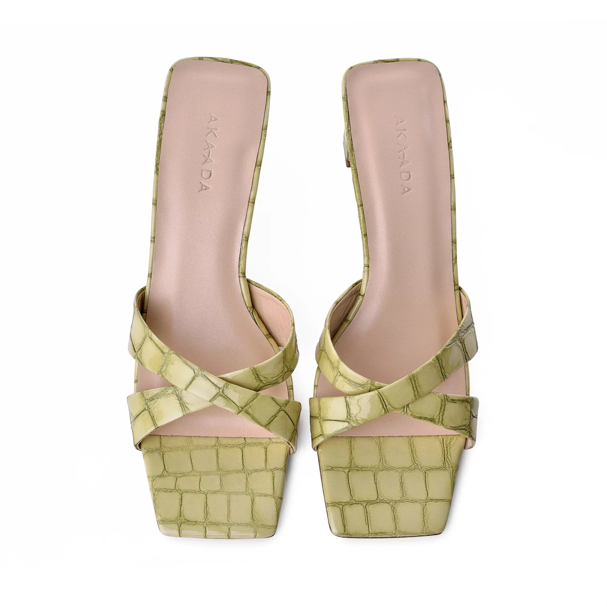 Yumi Pistachio Croco Embossed Leather Sandals